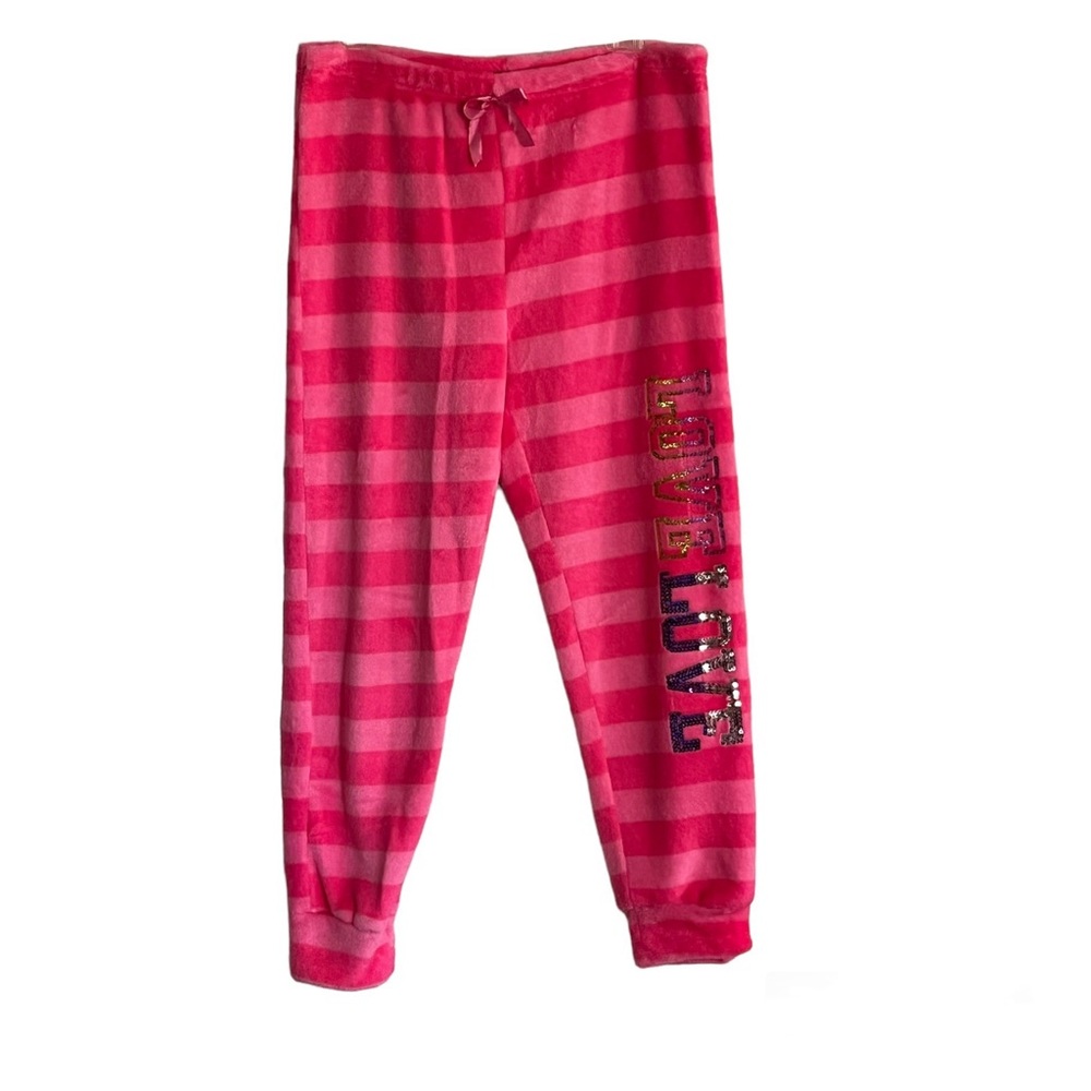 Em & Alfie Hot Pink Striped LOVE Embellished Fleece Lounge PJ Bottoms NWOT